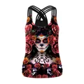 Women's rose skull 3D digital print athletic tank top with crisscross back design - Gorgeous Day Of The Dead Purple Skull And Rose Style (WB104-049)