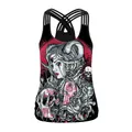 Women's black gothic tank top with 3D skull print and cross-back strappy design - Gothic Horned Woman And White Bone Style (WB104-050)