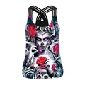 Canotta donna con stampa teschio 3D rose e schiena incrociata con taglio sportivo - M / Stile Ragazza Teschio Di Zucchero Con Rose Rosse (WB104-047)