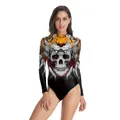 Women's Halloween surf swimsuit featuring artistic tiger and skull print on black fabric - S/M / Top And Bottom / Tiger Skeleton Feather Print Style (WB120-019)