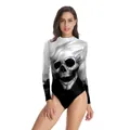 Body da donna a maniche lunghe con stampa teschio realistica e zip in bianco e nero - Stile Stampa Scheletro Fumo B/N (WB120-012)