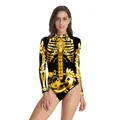 Women's black long sleeve bodysuit with gold steampunk mechanical bone print - S/M / Top And Bottom / Steampunk Mechanical Skeleton Style (WB120-014)