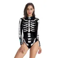 Women's Halloween long sleeve skeleton bodysuit with realistic bone and belt print - S/M / Top And Bottom / Realistic White Skeleton Belt Print Style (WB120-021)
