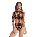 Body di Halloween color carne con stampa ossea 3D realistica e motivi di rose rosse - Stile Stampa Scheletro Rosa Colore Carne (WB120-023)