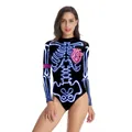 Body da donna nero a maniche lunghe con scheletro blu neon e stampa cuore rosso - Stile Scheletro Blu Neon Cuore Rosso (WB120-022)