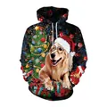 Χριστουγεννιάτικο φούτερ με 3D Golden Retriever, γιορτινό καπέλο και δώρα - Στυλ Χριστουγεννιάτικο Γκόλντεν Ριτρίβερ (SB101-093)