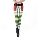 Christmas leggings for women with festive belt print and glitter textures in red and green - S / Red Green White Stripes (SKDK108)
