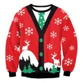 Rotes Weihnachts-Sweatshirt mit 3D-Rentier-Druck und weißen Schneeflocken-Details - Roter Faux Zweiteiler Cardigan Druck (SWYS081)