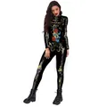 Women's 3D skull and rose print long sleeve slim jumpsuit for Halloween costume outfit - S / Black Skeleton Rose Print (B142-276)