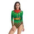 Women's long-sleeve Christmas elf bodysuit with 3D digital print and front zipper closure - S/M / Top And Bottom / Green Diagonal Stripe Elf (SB120-1005)