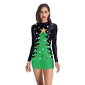 Slim fit long sleeve Christmas dress with green tree print on black fabric for women - Black Christmas Tree Print Style (SB143-016)