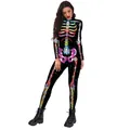 Damen 3D bunter Skelett Jumpsuit mit Kristall-Details für Halloween-Kostüme - Juwelenbesetztes Skelett auf Schwarz (B142-287)