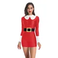 Christmas themed slim fit red long sleeve dress with white trim and belt print - Santa Claus Red White Style (SB143-014)