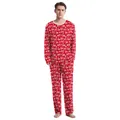 Rode kerstpyjama voor heren met HO HO HO-print en witte sneeuwvlokken-details - S (Heren) / Boven- En Onderstuk / Rode Letterstijl