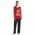 Women's two-piece Christmas pajama set featuring red pug top and snowflake print pants - S (Women) / Top And Bottom / Red - Pug Dog (Style 1009)