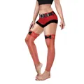 Women's Christmas theme leggings with red fishnet print and black bow detailing - Red Christmas Belt Fur Bow Print Style (B230-1041)