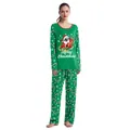 Women's green Christmas pajama set with pug sled illustration and candy cane pants - S (Women) / Top And Bottom / Christmas Green - Pug Dog (Style 1008)