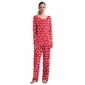 Rode kerstpyjama set met witte HO HO HO print en sneeuwvlokken voor koppels - S (Dames) / Boven- En Onderstuk / Rode Letterstijl