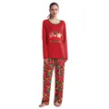 Christmas couple pajamas set with reindeer print and Oh Deer slogan in red - S (Women) / Top And Bottom / Red - Reindeer (Style 1010)