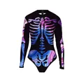 Women's long sleeve bodysuit with colorful skeleton print for Halloween and gymnastics - Blue-Purple Marble Skeleton (WB120-026)