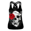 Canotta nera da donna con stampa teschio e rose e spalline incrociate sul retro - Taglia S / Stile Teschio Filo Spinato Gotico (WB104-107)