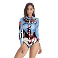 Damen Halloween Bodysuit mit 3D-Skelettdruck und Blutspritzern in Hellblau - S/M / Blaues Skelett (WB120-006)