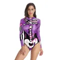 Damen Langarm-Body mit Skelett-Print und rosa Tropfendesign in Dunkelviolett - S/M / Lila Skelett (WB120-007)