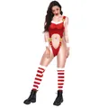Christmas striped bodysuit with white faux fur trim and thigh-high socks set - S / Bodysuit Set / Red and White