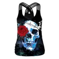 Women's black camisole with gothic skull and red rose print featuring multi-strap back - Blue Shadow Skull Rose Style (WB104-109)