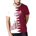 Men's soccer t-shirt in white and burgundy zigzag design with Qatar city skyline print - S / Tops / White Red Zigzag Patchwork Style (B129-9363)