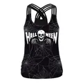 Black Halloween camisole with skull print and criss-cross strappy back design - Halloween Spideweb Skull Style (WB104-110)