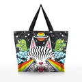 Black tote bag featuring surrealist 3D digital cat and rainbow planet print - Rainbow Cat Style (BHB1057)
