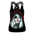 Canotta gotica nera con stampa teschio e cappuccio rosso e spalline incrociate - Taglia S / Stile Donna con Teschio e Cappuccio Rosso (WB104-112)
