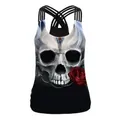 Gothic black camisole featuring a skull and red rose print with multi-strap crisscross back - Realistic Skull Rose Style (WB104-113)