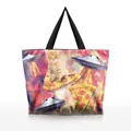 3D digital space cat and UFO print tote bag with pizza graphic on starry background - Pizza Cat UFO Style (BHB1067)