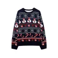 Pull de Noël bleu marine avec motifs de bonhomme de neige et flocons et bords côtelés - Bonhomme de Neige d'Hiver Marine (MYH-30008)