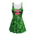 Women's St. Patrick's Day green sleeveless A-line dress with shamrock and lip prints - S / Red Lips Shamrock Print Style (TLY1121)