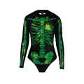 Women's green clover skeleton printed long sleeve bodysuit for Saint Patrick's Day - S/M / Black Shamrock Skeleton Print Style (B120-149)