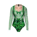 Women's St. Patrick's Day long sleeve bodysuit with shamrock print and bow detail - S/M / Green and White Stripe Shamrock Print Style (B120-151)