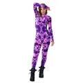 Purple fractal print bodysuit jumpsuit with long sleeves and high collar for women - S / Purple Fractal Pattern