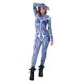 Women's bodysuit in blue and white fractal print with high neck and long sleeves - S / Blue and White Geometric