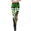 St. Patrick's Day leggings featuring green clover and cat patterns with high waist design - Black White Green Stitched Cat Style (KDK2117)