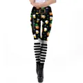 Women's St. Patrick's Day leggings with leprechaun print and striped accents - Black White Stripe Stitched Leprechaun Style (KDK2120)