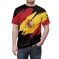 Men's Spain flag print t-shirt with artistic brushstroke design and national emblem - Spain Flag Style (B129-9391)