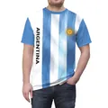 Argentina flag series T-shirt with blue and white stripes and sun emblem for men - S / Argentina Stripe Style (B129-9396)