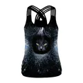 Débardeur gothique noir imprimé chat et ciel étoilé avec bretelles croisées au dos - Style de Chat Noir Galaxie Éclair (B104-044)