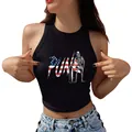 Black crop top with PUNK American flag print and skull graphic for women - S / Skull Skateboard PUNK Style (GA123-1049)