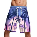 Short de plage pour hommes avec imprimé coucher de soleil tropical et cordon blanc - M / Style Palmier au Coucher du Soleil Violet (B134-001)