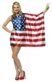 Detail of glossy satin US flag costume featuring blue star pattern and red stripes - One Size / Sleeveless Dress Style (B340-1001)