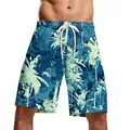 Short de bain pour hommes avec imprimé palmier tropical bleu et taille à cordon réglable - M / Style Palmier Contraste Bleu Vert (B134-003)